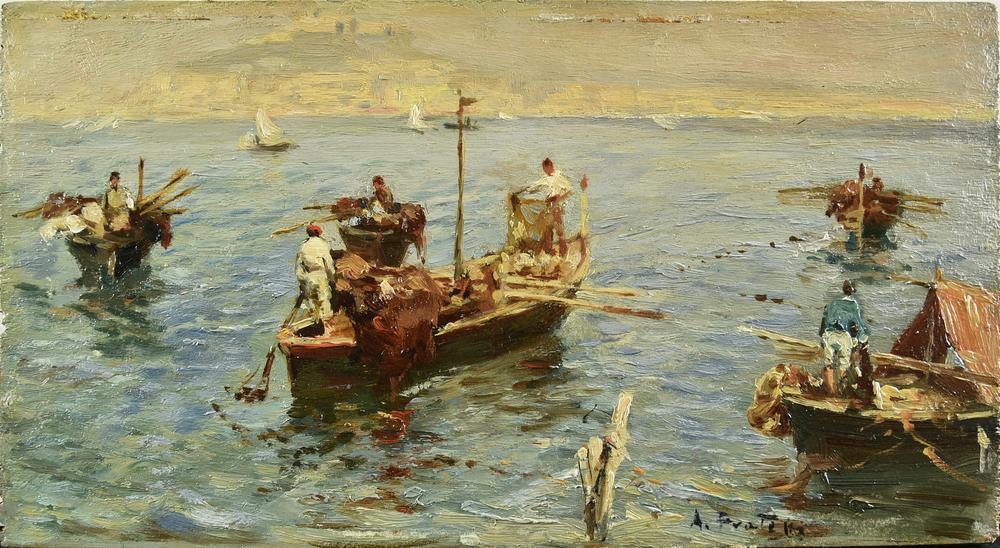 Attilio Pratella PESCATORI A NAPOLI olio su tavola, cm 15,3x27 firma