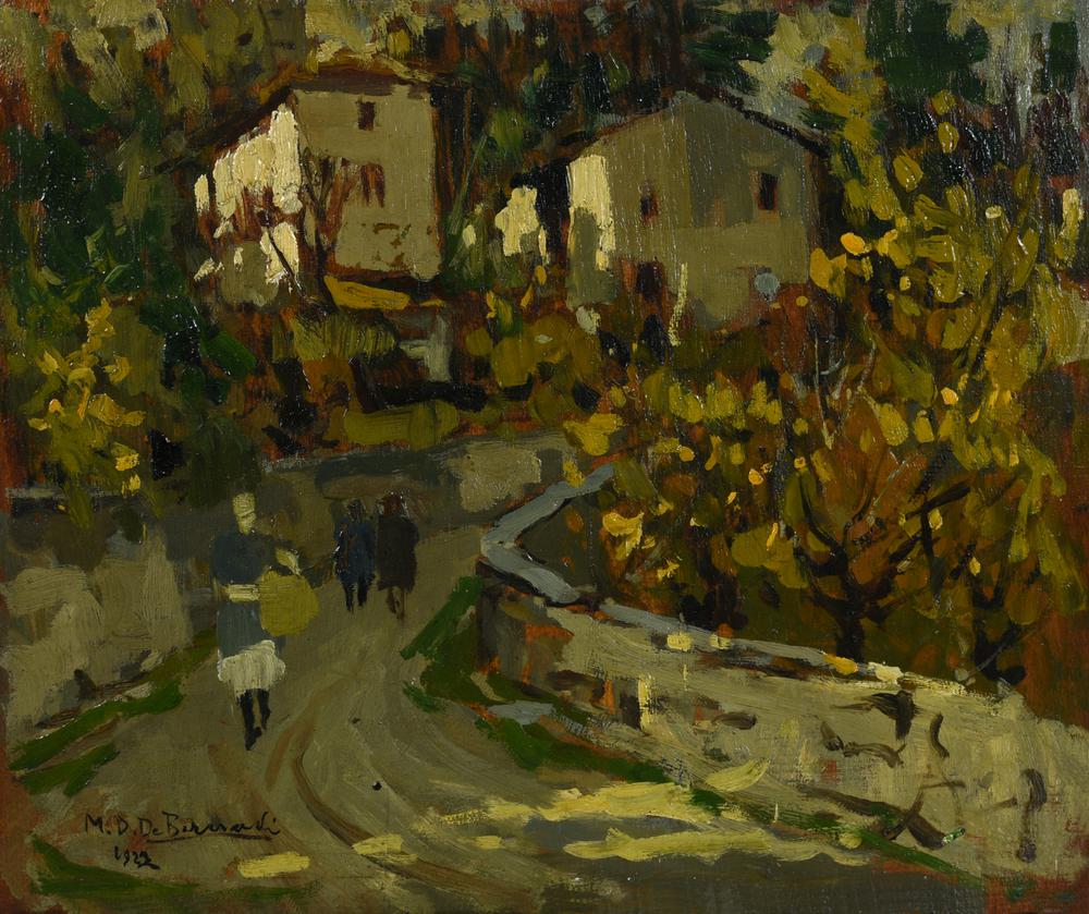 Domenico De Bernardi SOLE AUTUNNALE, 1922 olio su tavola, cm 33x40 firma e...