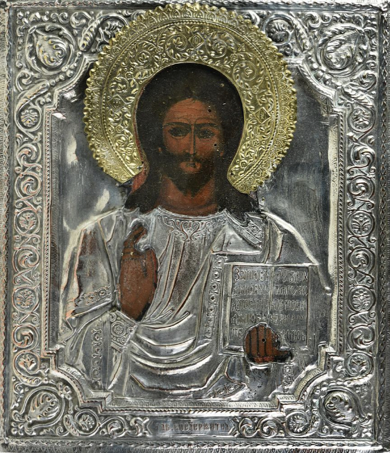 ICONA CON CRISTO PANTOCRATOR, sec. XIX tempera su tavola con riza in argento...