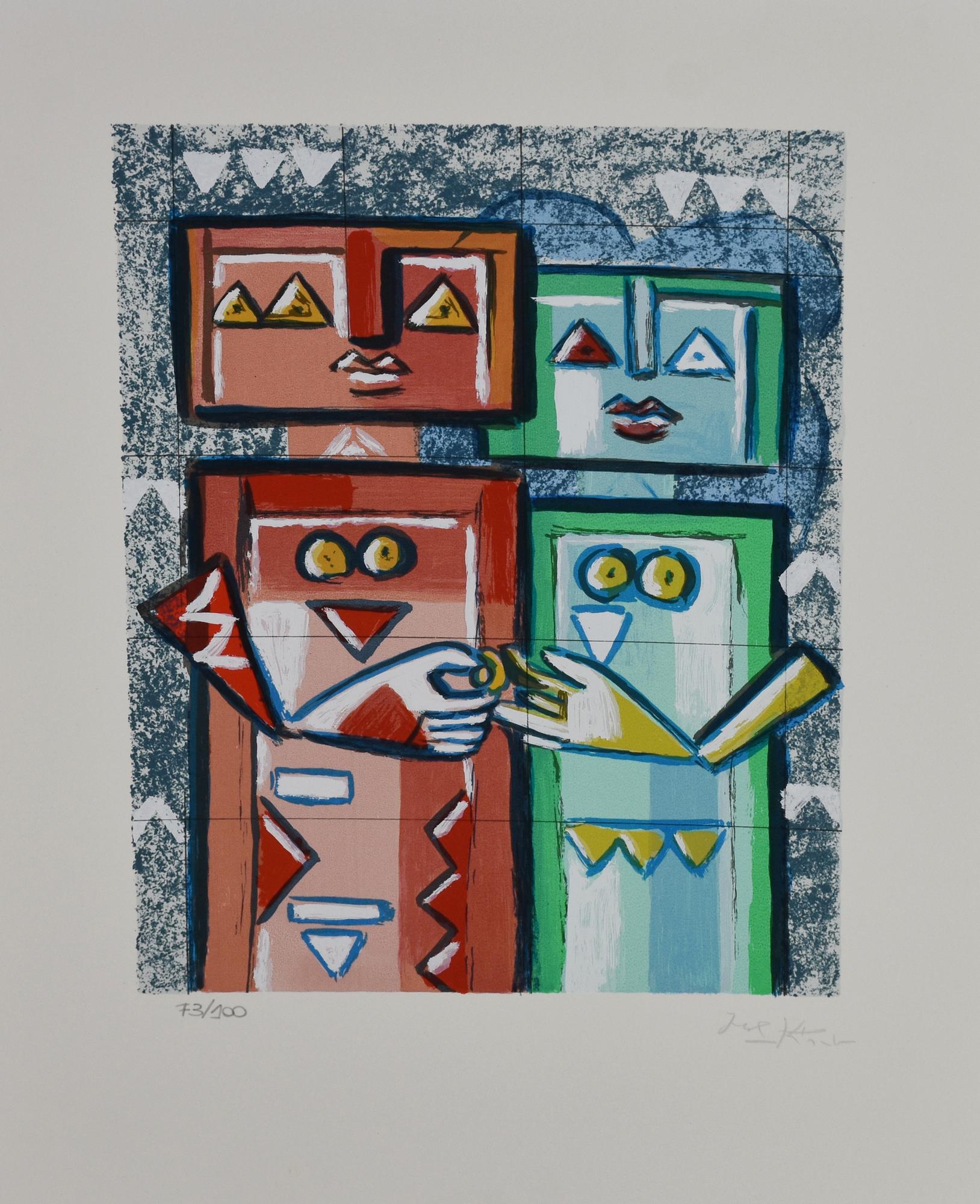 Ibrahim Kodra (1918 - 2006) LE DIEDI L'ANELLO serigrafia, cm 50x35; es....