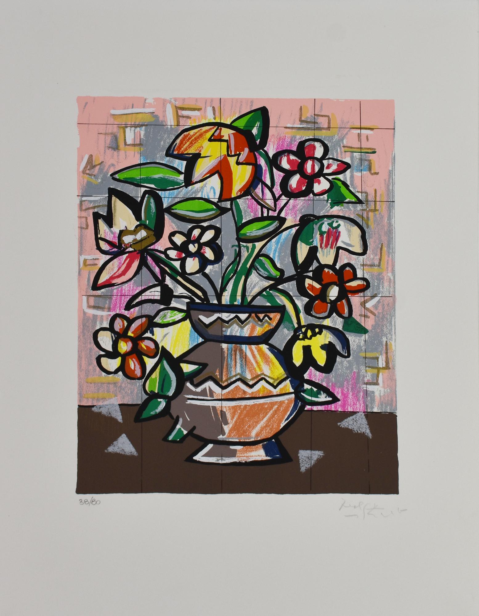 Ibrahim Kodra (1918 - 2006) VASO DI FIORI serigrafia, cm 50x35; es. 38/80...