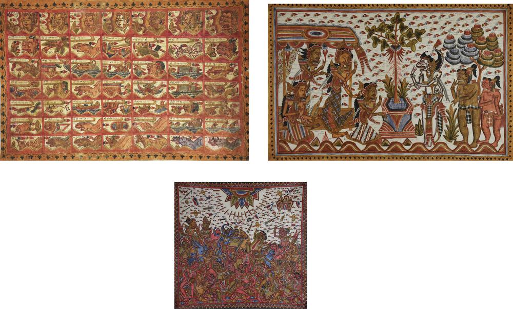 GRUPPO DI TRE TESSUTi BATIK CON DIVINITA', Bali, Indonesia XIX secolo cm...