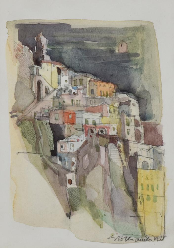 Giacomo Soffiantino POSITANO acquarello su carta, cm 17,5x12,5 firma