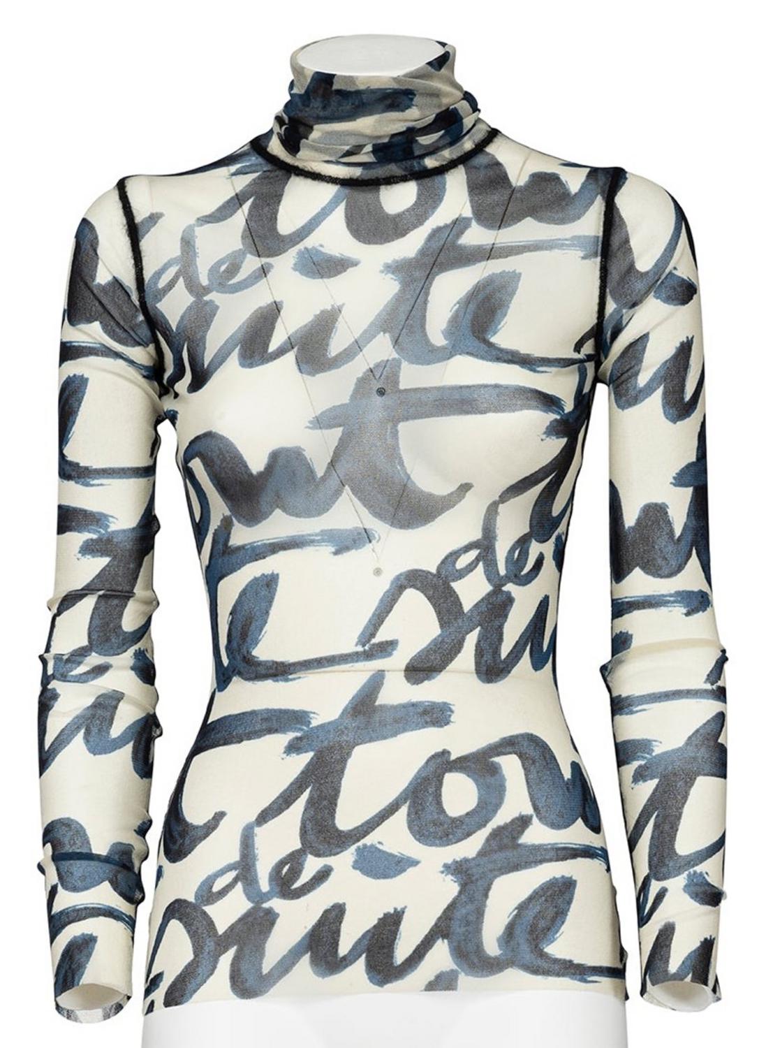 Jean Paul Gaultier ICONIC LONG SLEEVE TURTLENECK PRINTED MESH SHEER TOP...