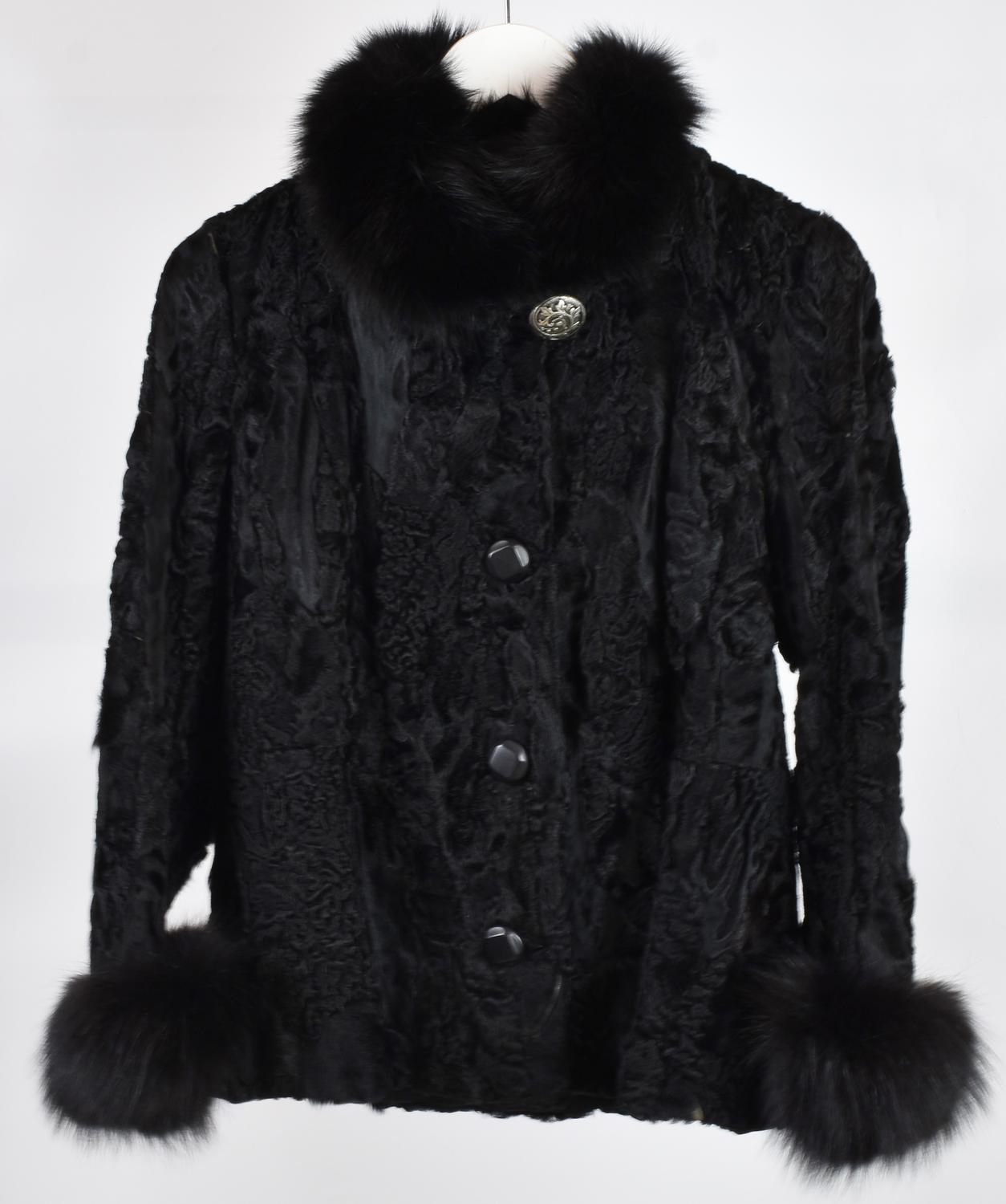 ASTRAKAN AND FOX FUR DESCRIPTION: Short Coat in Astrakhan with Fox Fur Collar...