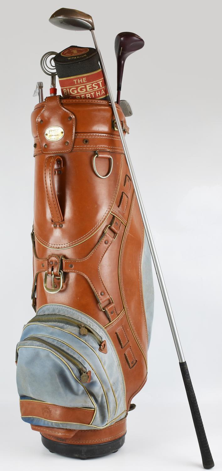 Hot - Z GOLF BAG DESCRIPTION: Vintage leather golf bag with blue fabric...