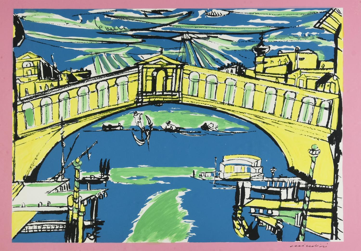 Remo Brindisi VENEZIA PONTE DI RIALTO, anni 80 serigrafia ritoccata a mano,...