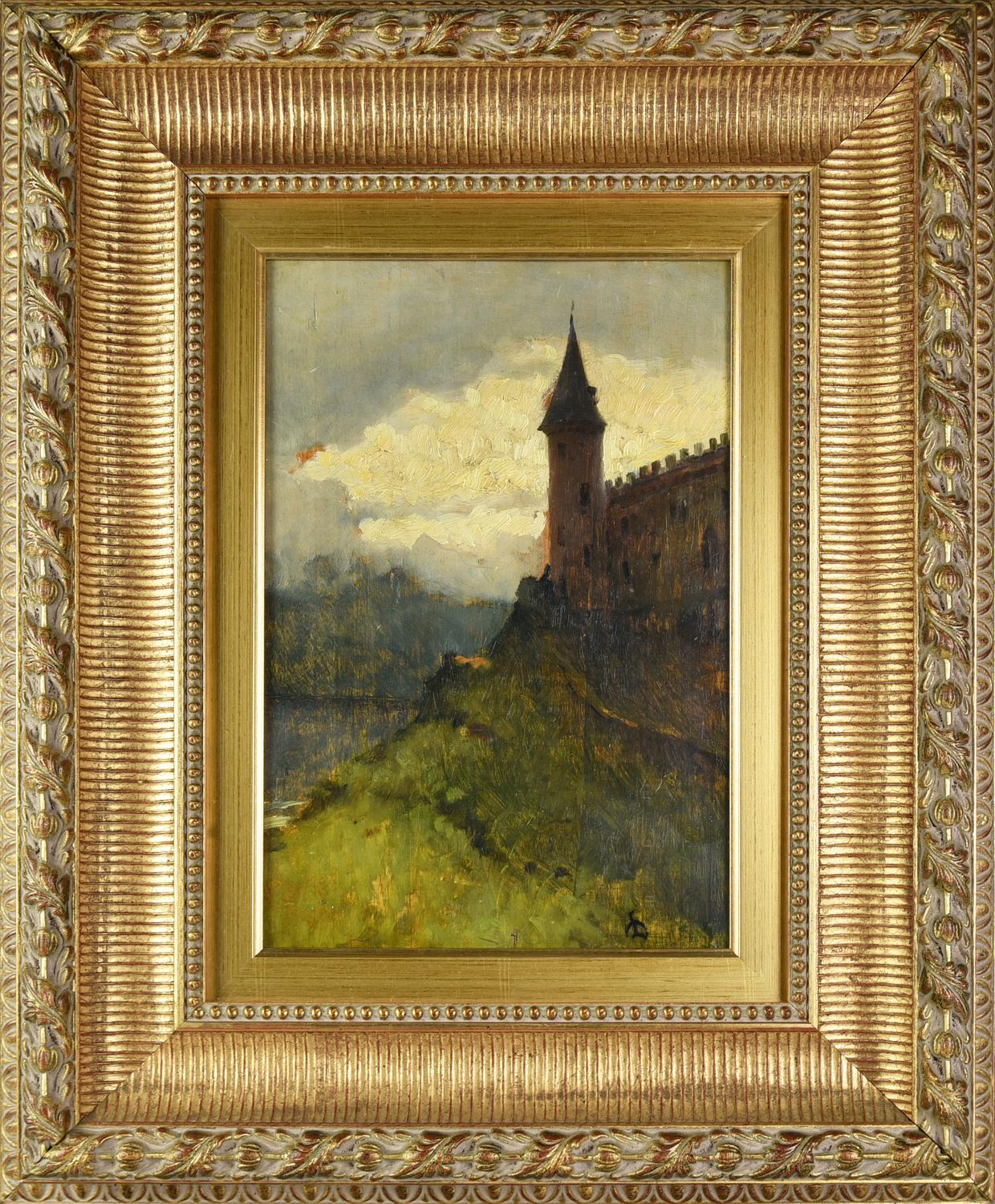 Lorenzo Delleani, (1840 - 1908) CASTELLO olio su tavola, cm 37,3x25,1 sigla