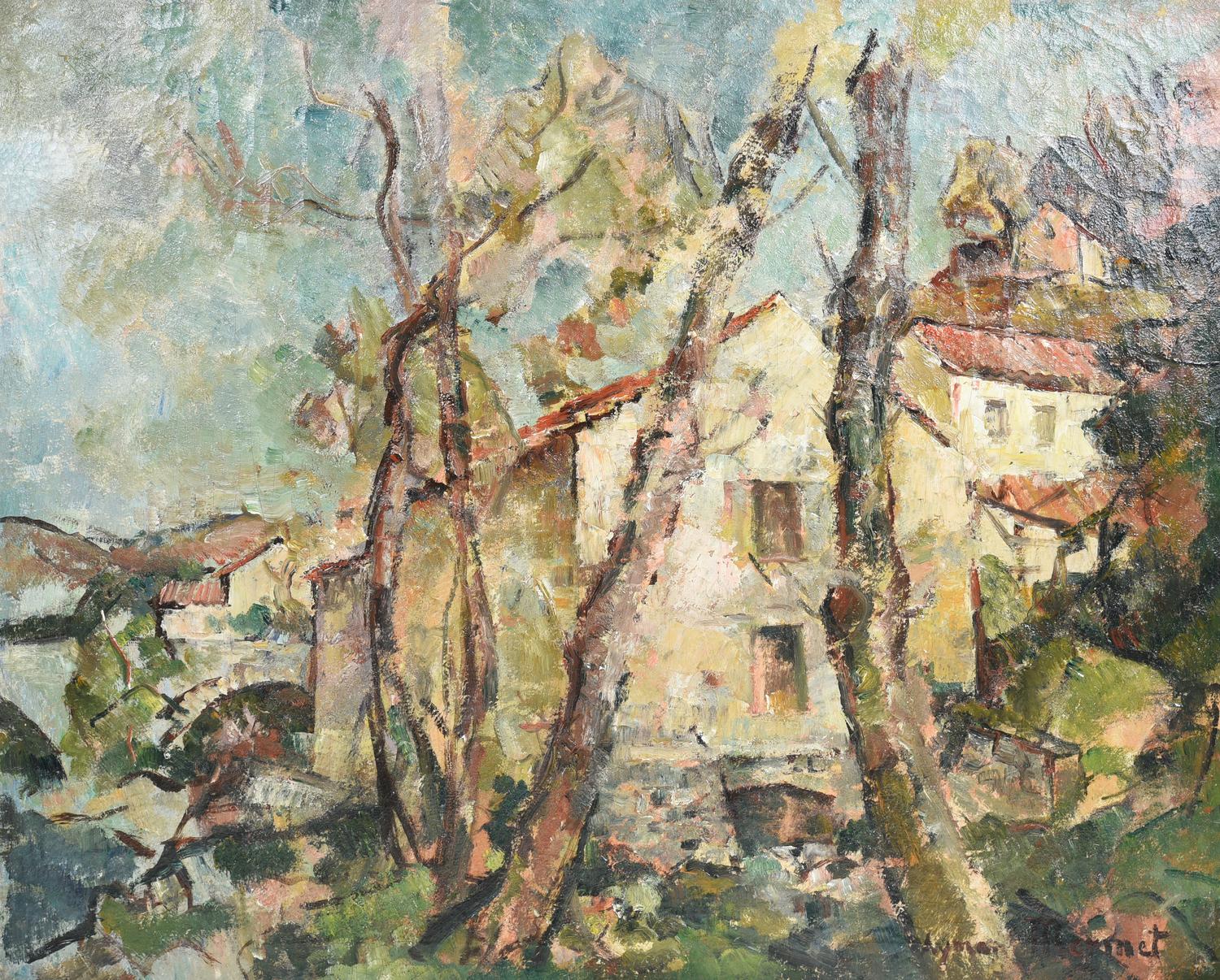 Aymar Mermet (attribuito a), (1895 - 0) PAESAGGIO CON CASOLARI E ALBERI olio...