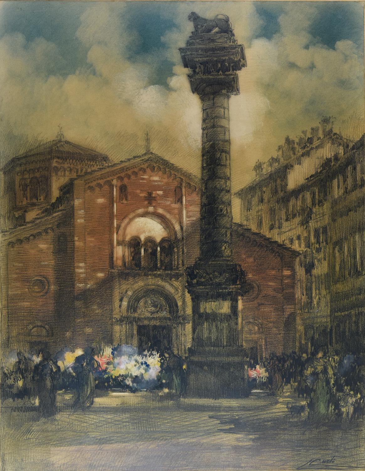 Luigi Curti, (1899 - 1922) BASILICA DI SAN BABILA pastello su carta, cm 124x103