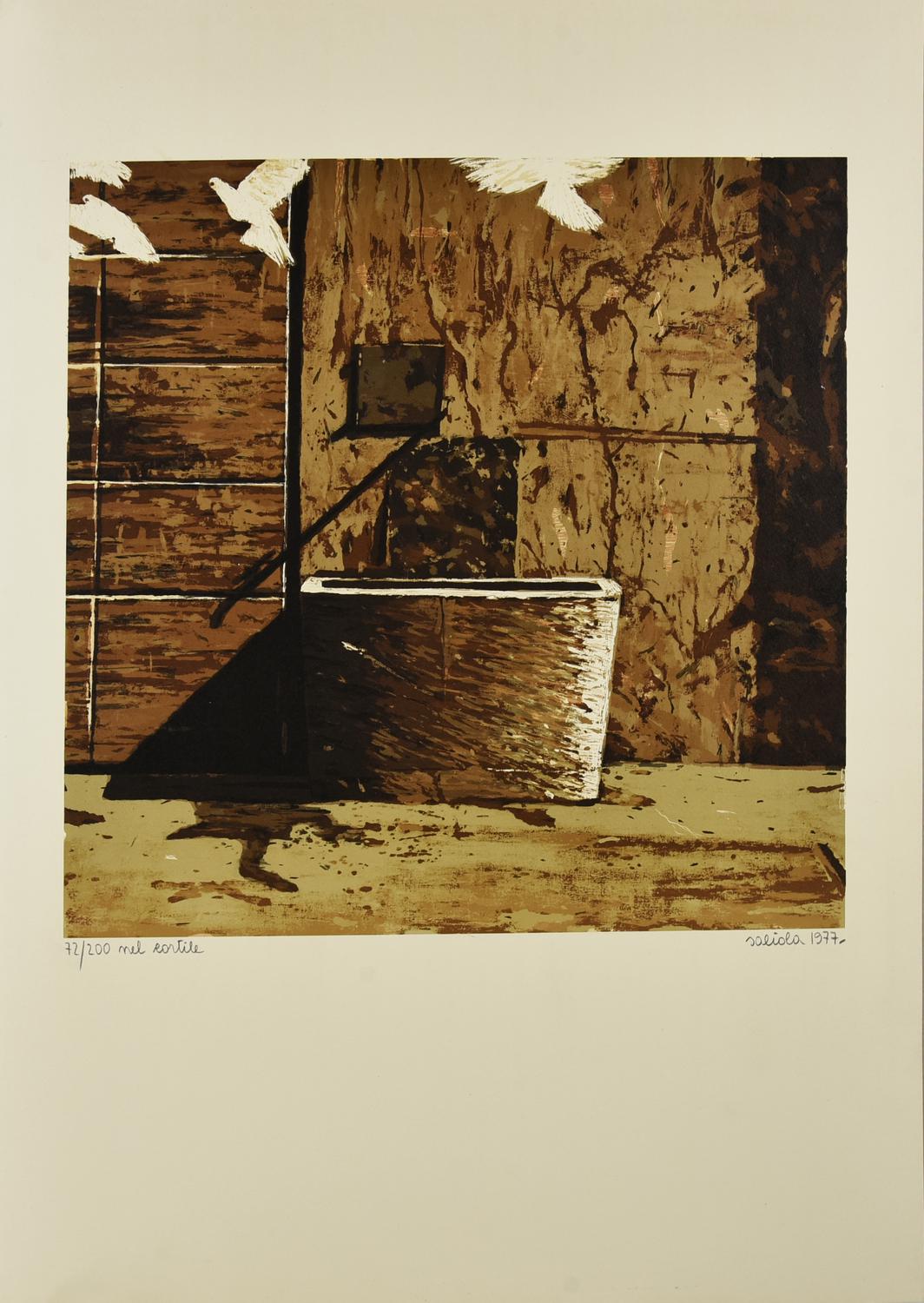 Antonio Saliola NEL CORTILE, 1977 serigrafia, cm 70x50; es. 72/200 firma,...