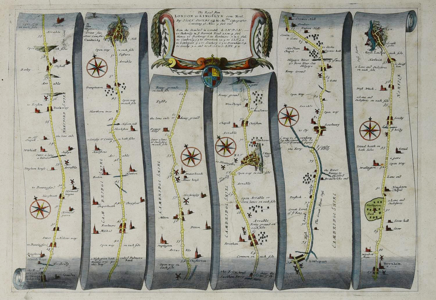 THE ROAD FROM LONDON TO KINGSLYN, 1675 incisione all'acquaforte con...