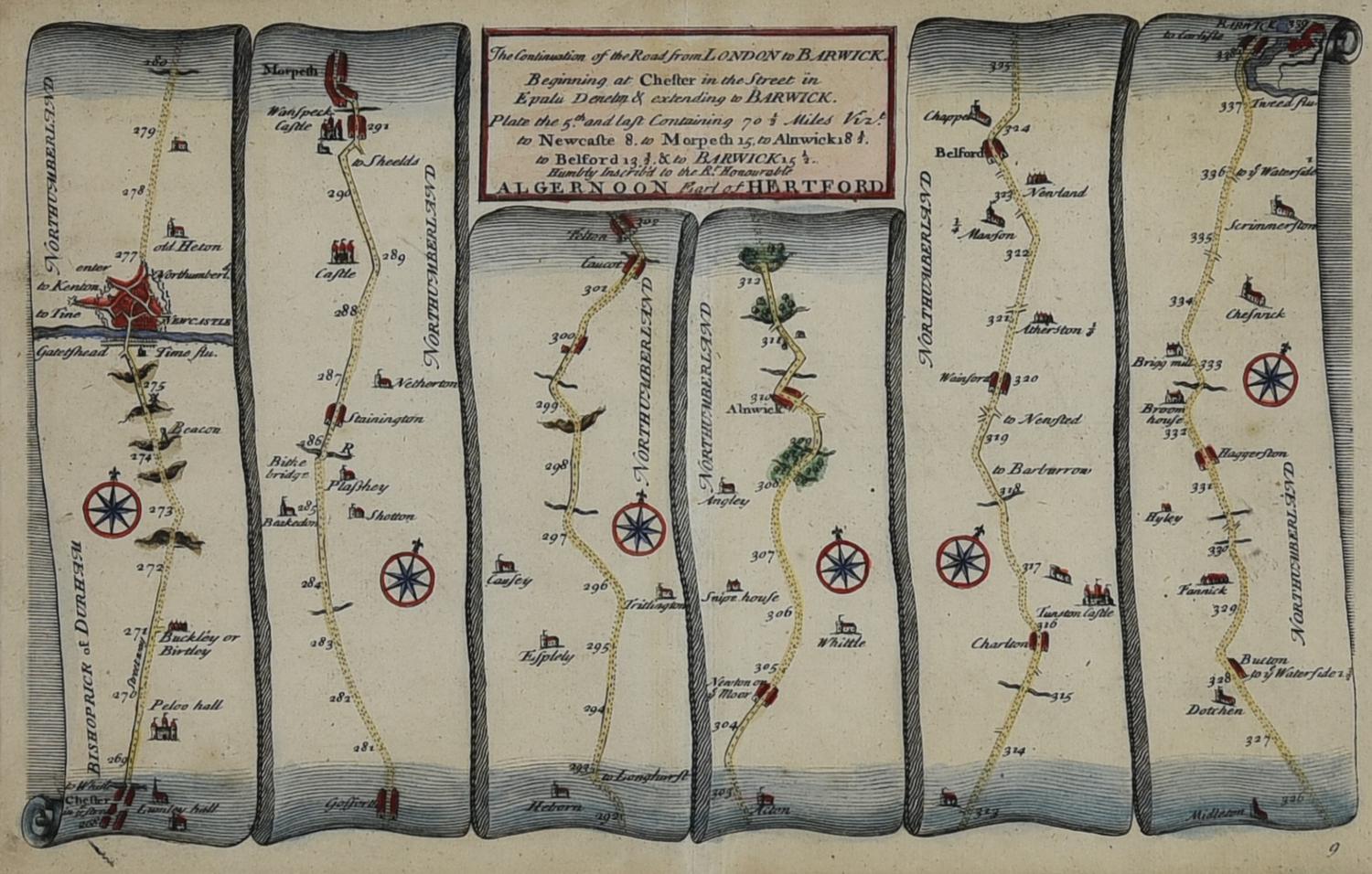 THE ROAD FROM LONDON TO BARWICK IN NORTHUMBERLAND, Londra 1719 incisione...
