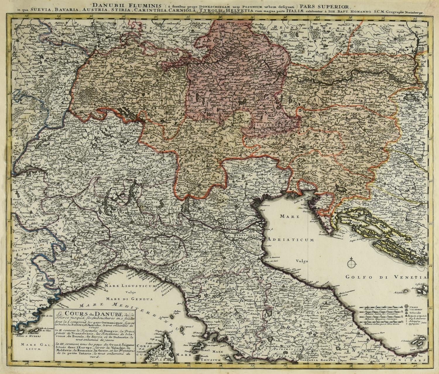DANUBII FLUMINIS PARS SUPERIOR, Norimberga 1720 incisione con acquarellatura...