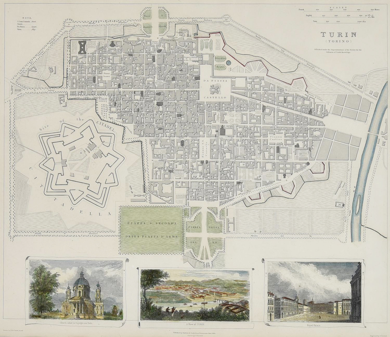 TURIN, 1833 incisione all'acquaforte con acquarellatura coeva, cm 53,5x60,7...