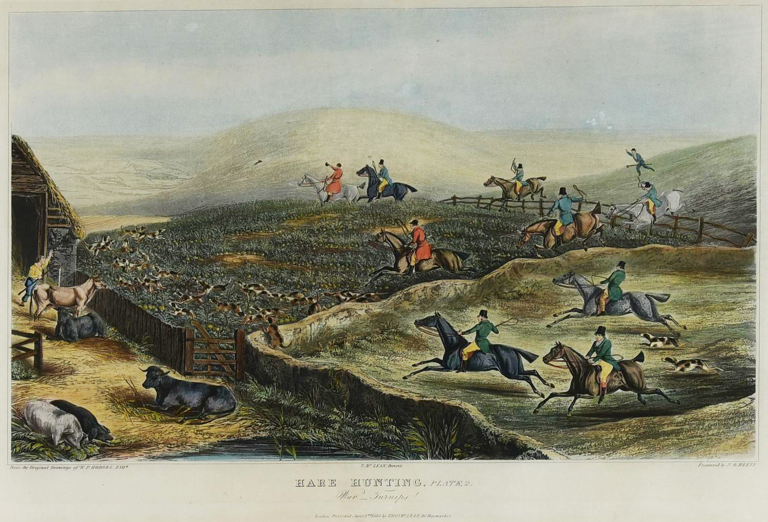 HARE HUNTING, Londra 1856 incisione all'acquatinta con acquarellatura coeva,...