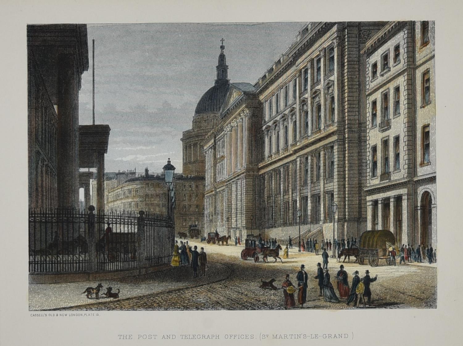 THE POST AND THE TELEGRAPH OFFICES, 1880 circa litografia con acquarellatura...