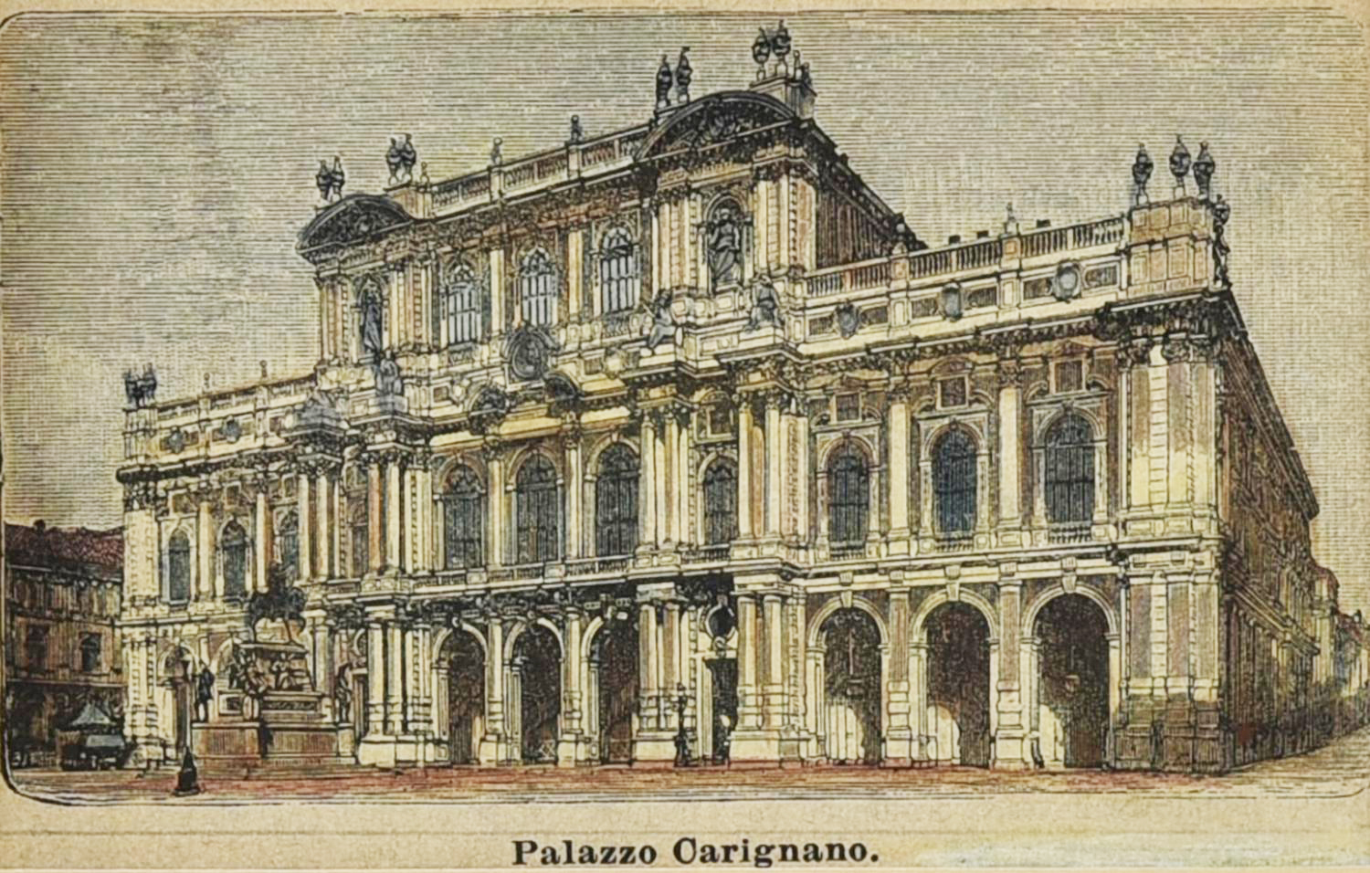 PALAZZO CARIGNANO, 1887 silografia con acquarellatura coeva, cm 22,2x29,1...