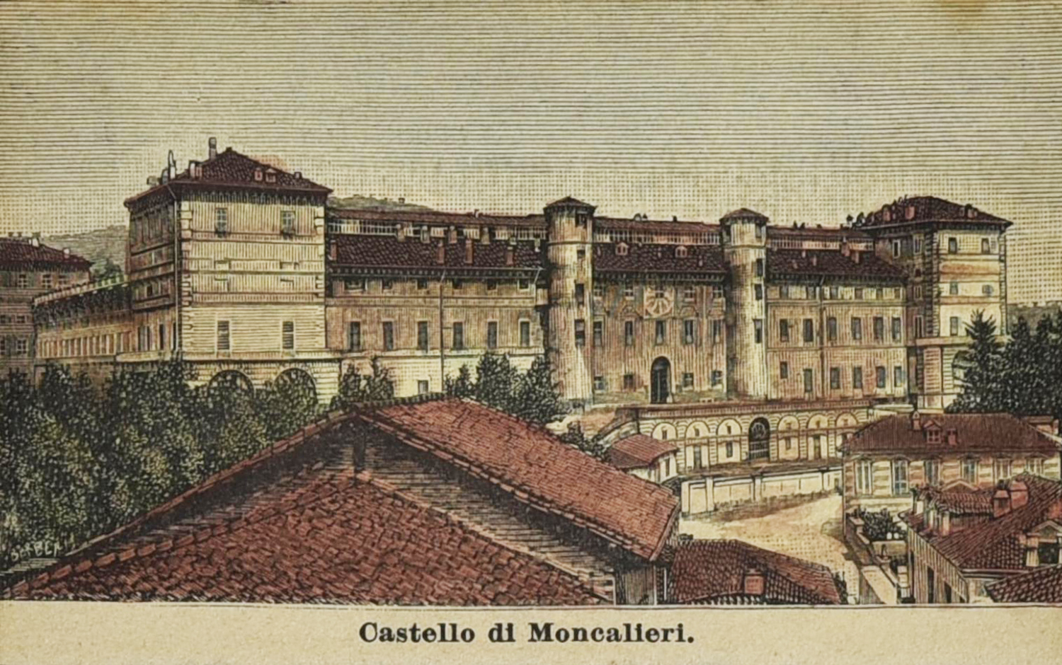 CASTELLO DI MONCALIERI, 1887 silografia con acquarellatura coeva, cm...
