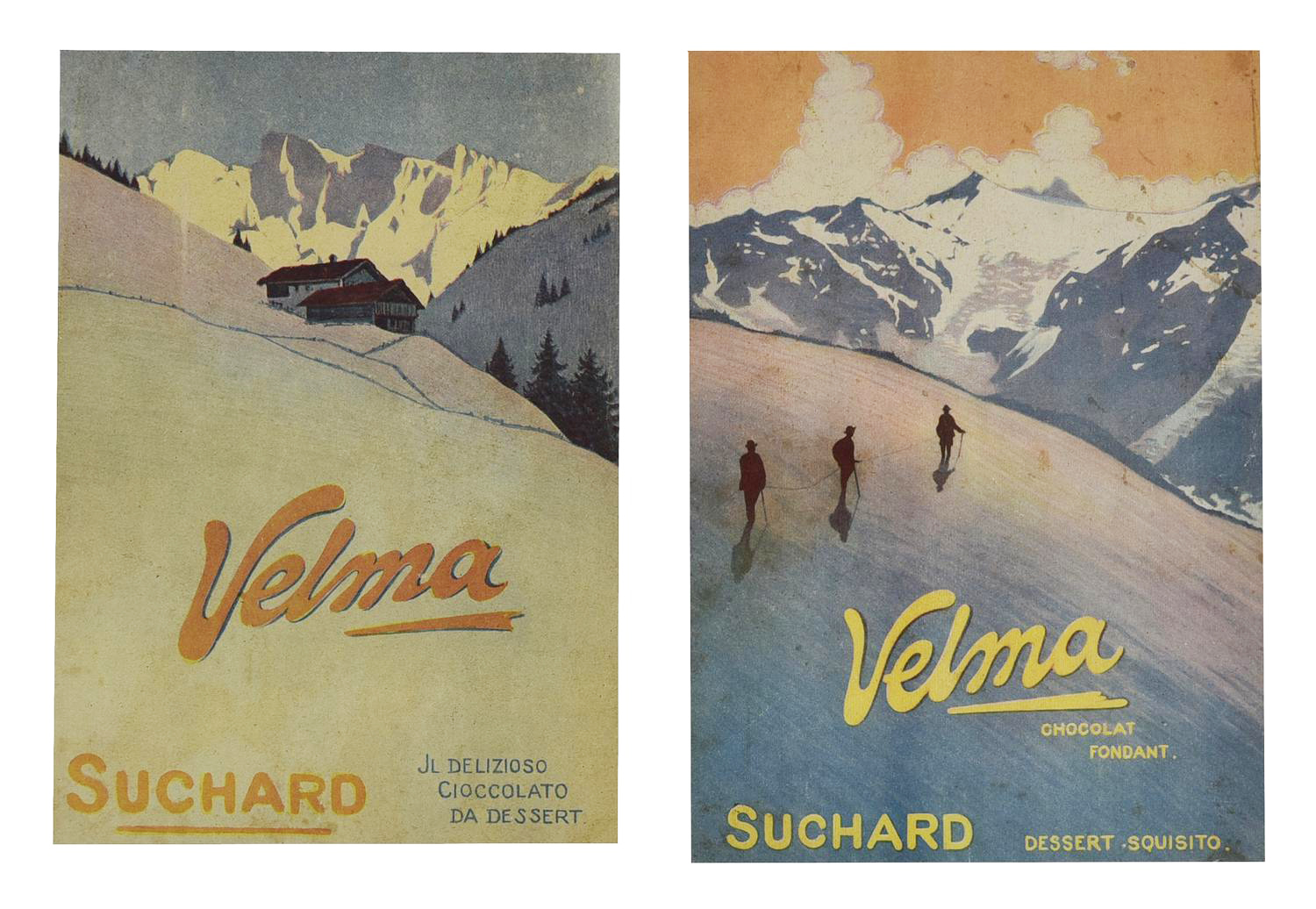 COPPIA DI TAVOLE PUBBLICITARIE CIOCCOLATO VELMA, 1915 cromolitografia, cm...