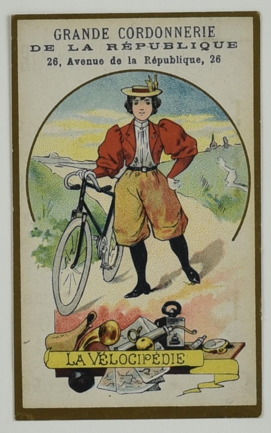 LA VELOCIPEDIE, 1890 circa cromolitografia, cm 25,8x20,8 (con cornice)...