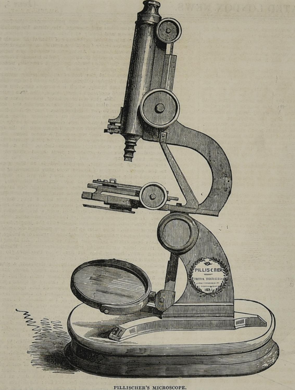 PILLISCER'S MICROSCOPE, Londra 1851 silografia, cm 27,2x22,4 (con cornice)...