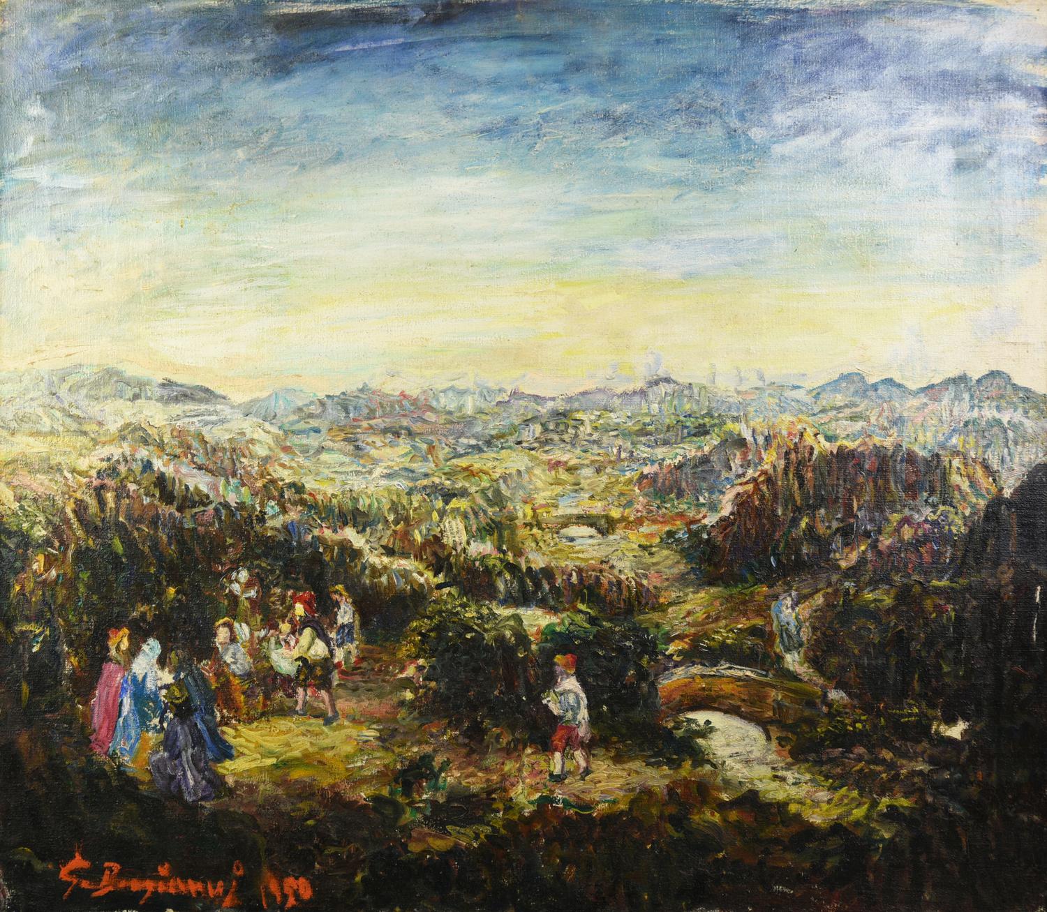 Guido Borgianni (1915 - 2011) PAESAGGIO CON FIGURE, 1990 olio su tela, cm...