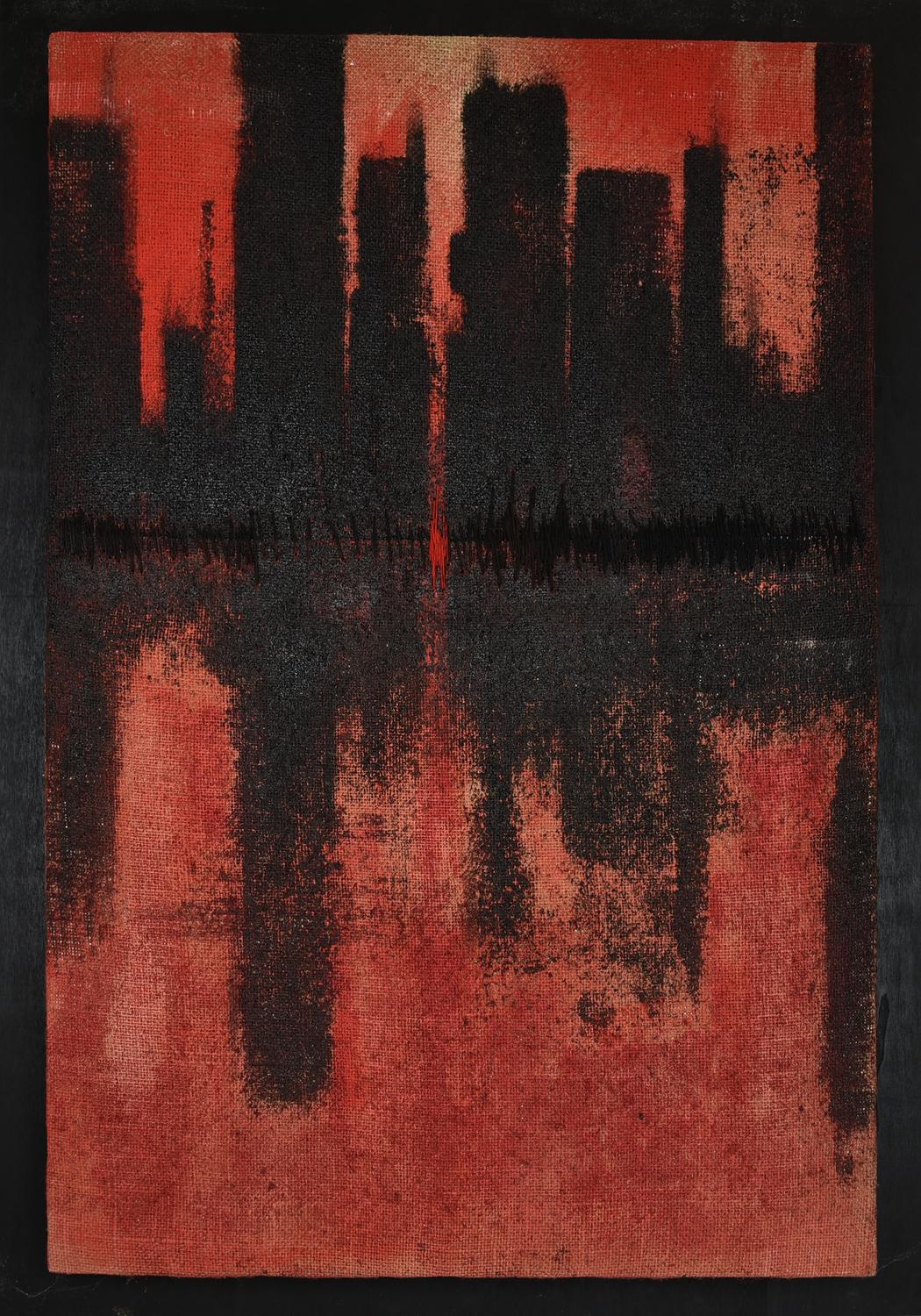 Alessandro Di Cola (1981) CITTA' ROSSA, 2010 tecnica mista su juta, cm 90x60...