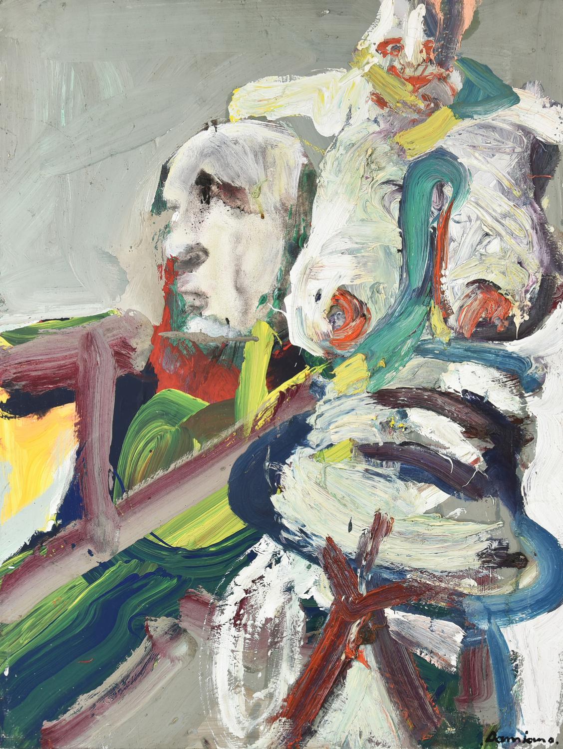 Bernard Damiano (1926 - 2000) ETRUSCHI (COPPIA), 1978 olio su tela, cm 80x60...