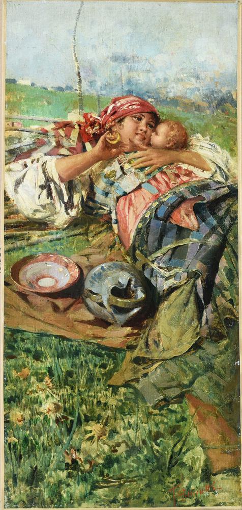 Tito Pellicciotti ZINGARA CON BAMBINO olio su tela, cm 54x24,5 firma...