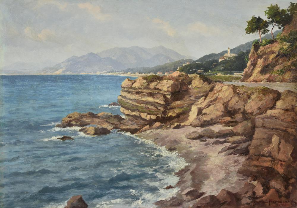Fritz Paplham RIVIERA ITALIANA VICINO A CHIAVARI, 1944 olio su masonite, cm...