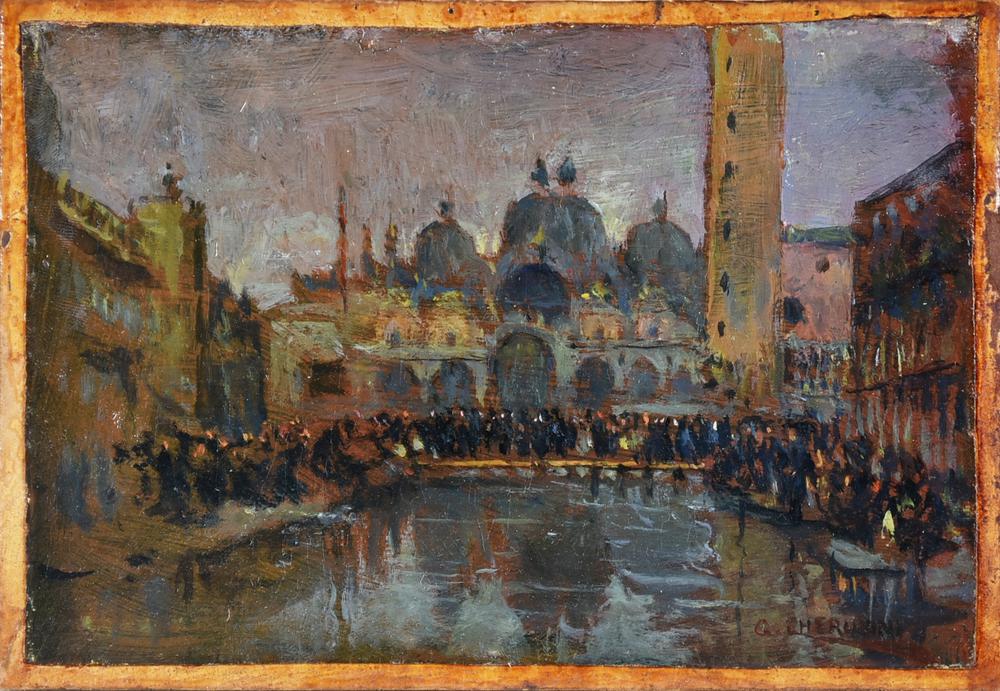 Giuseppe Cherubini PIAZZA SAN MARCO olio su tela applicata su cartoncino, cm...