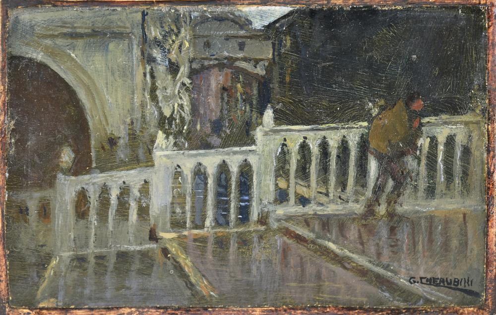 Giuseppe Cherubini SCORCIO VENEZIANO olio su tela applicata su cartoncino, cm...
