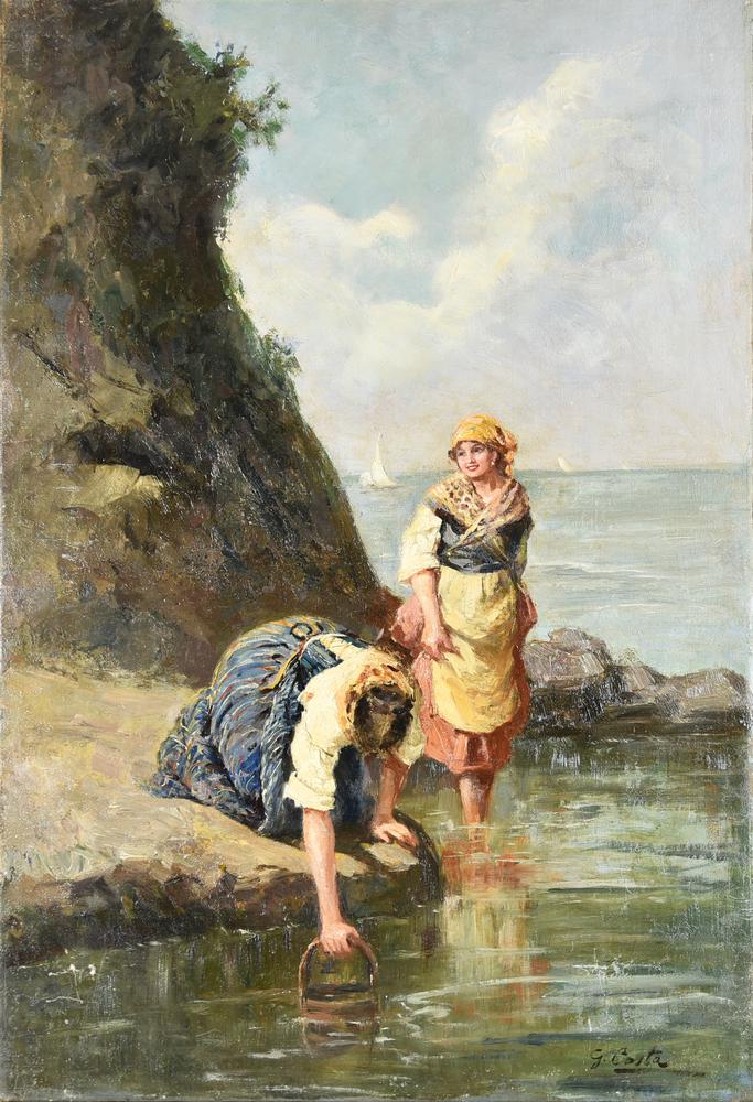 Pittore italiano del XIX secolo DONNE AL FIUME olio su tela, cm 77x51 recante...