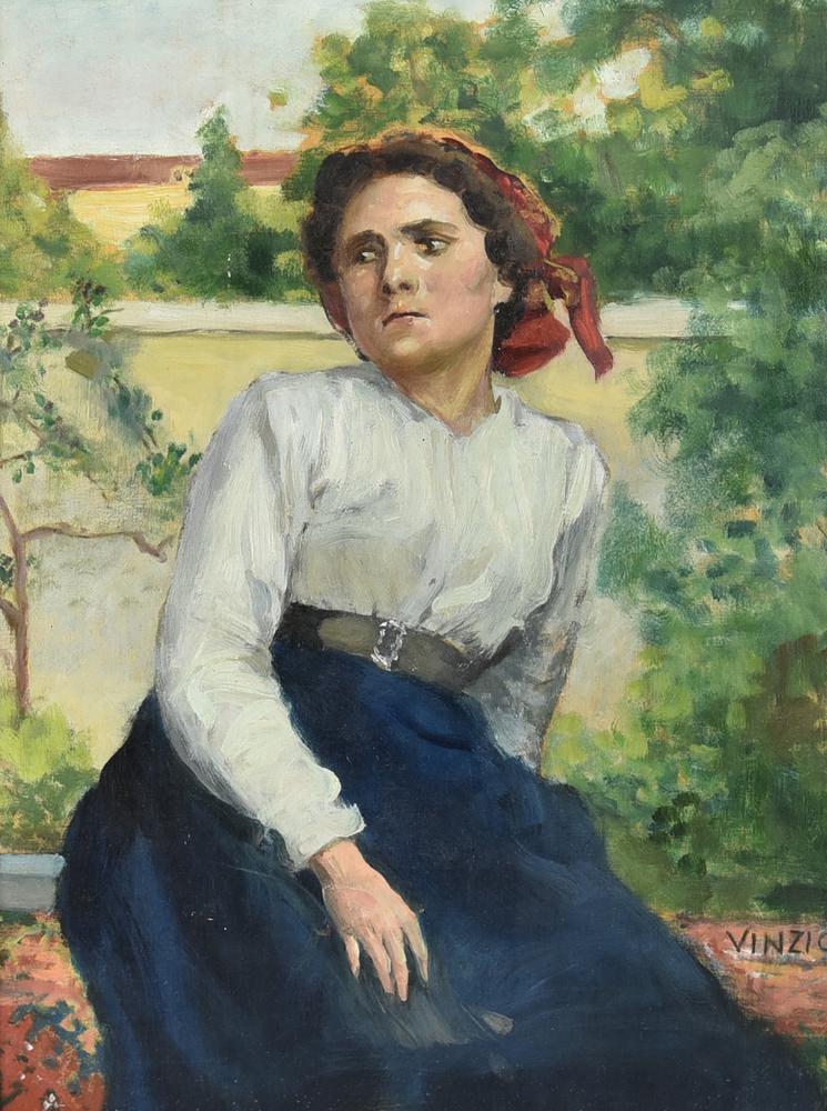 Giulio Cesare Vinzio FIGURA FEMMINILE olio su tavola, cm 33,5x23,5