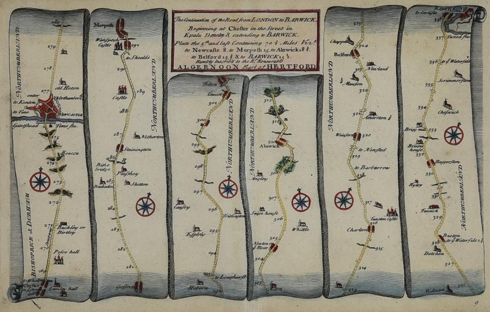 THE ROAD FROM LONDON TO BARWICK IN NORTHUMBERLAND, Londra 1719 incisione...