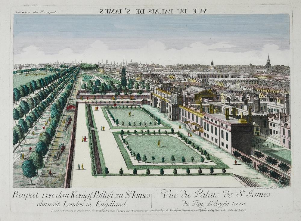 VUE DU PALAIS DE ST.JAMES DU ROI D'ANGLETERRE, Ausburg 1770 incisione...