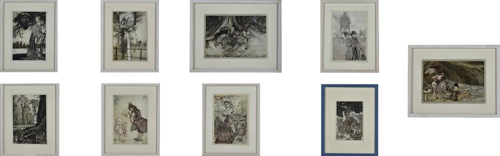 LOTTO DI NOVE CROMOLITOGRAFIE, 1906 dimensioni varie, in cornice sul retro di...