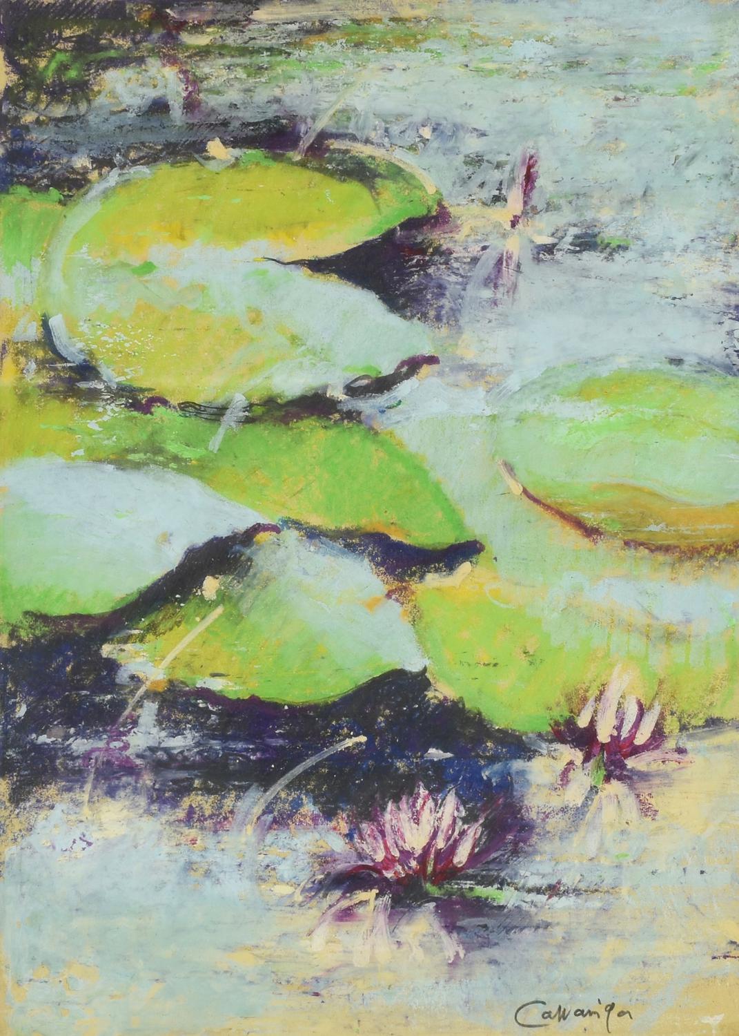 Giancarlo Cazzaniga (1930 - 2013) NINFEE pastelli su carta, cm 49,5x34 firma